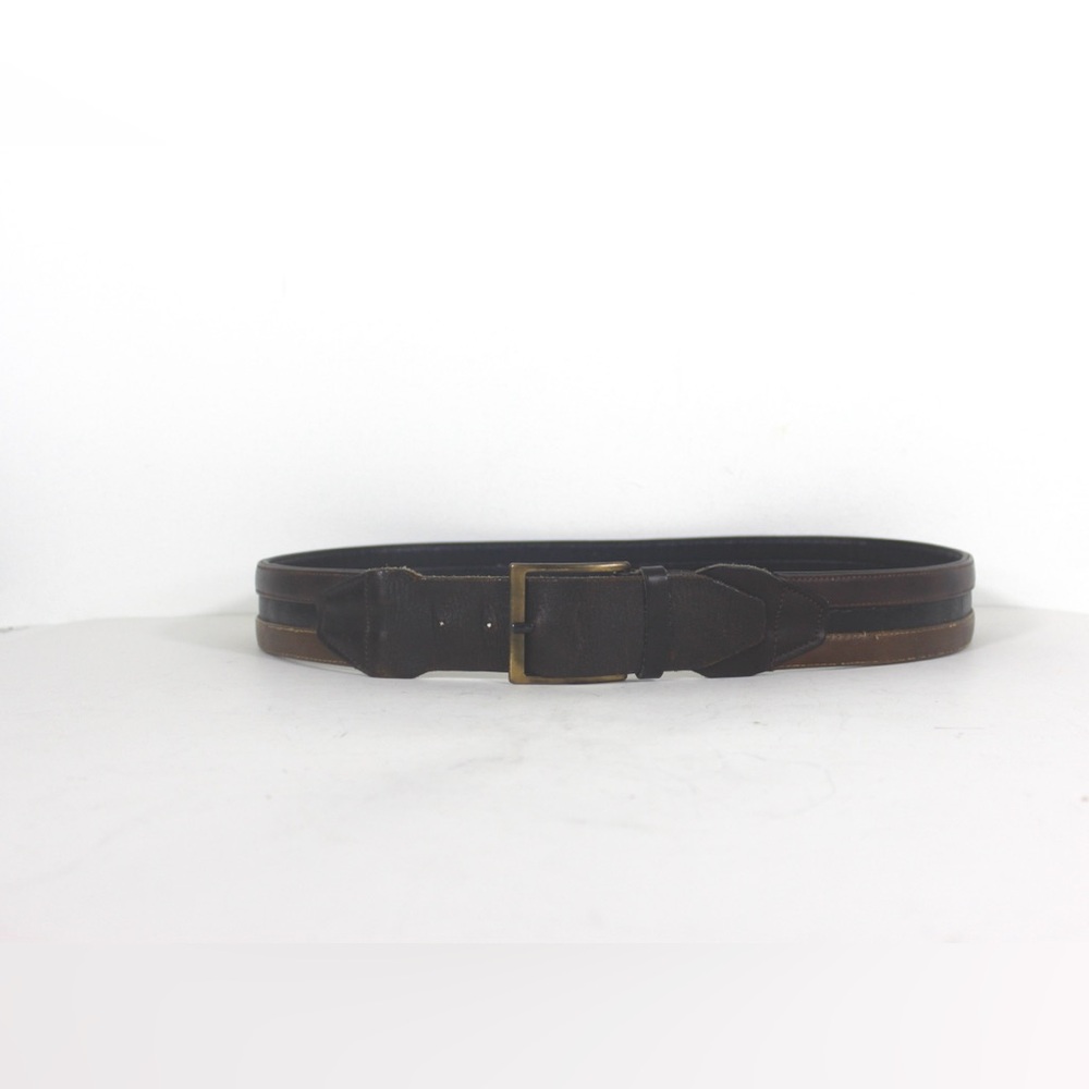 Vintage Three Tone Leather Belt with Brass and Black Buckle Brown Tan Black